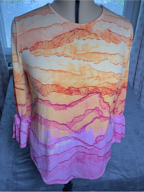 Alfani Tops - Alfani Pink and Orange Wave-Print Tie-Sleeve Blouse